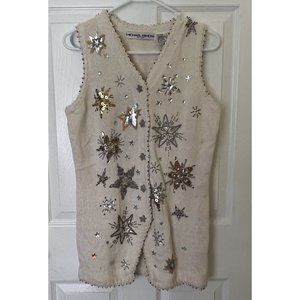 Michael Simon White Gold Silver Beaded Sequins Stars Sweater Vest Women’s Small